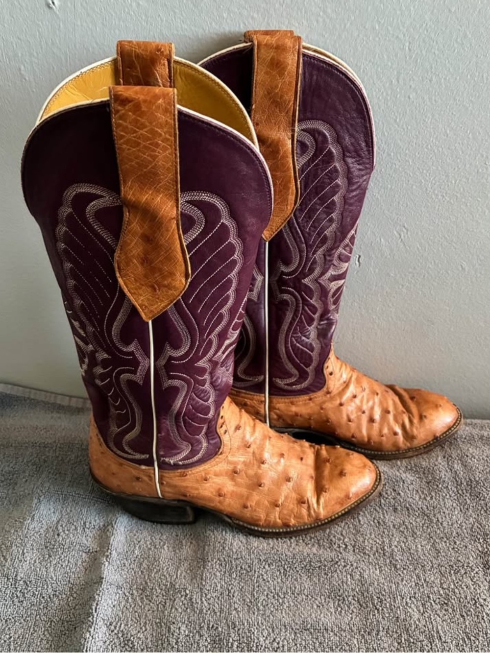 Tony Lama Two-Tone Ostrich Cowboy Boots in Purple and Tan